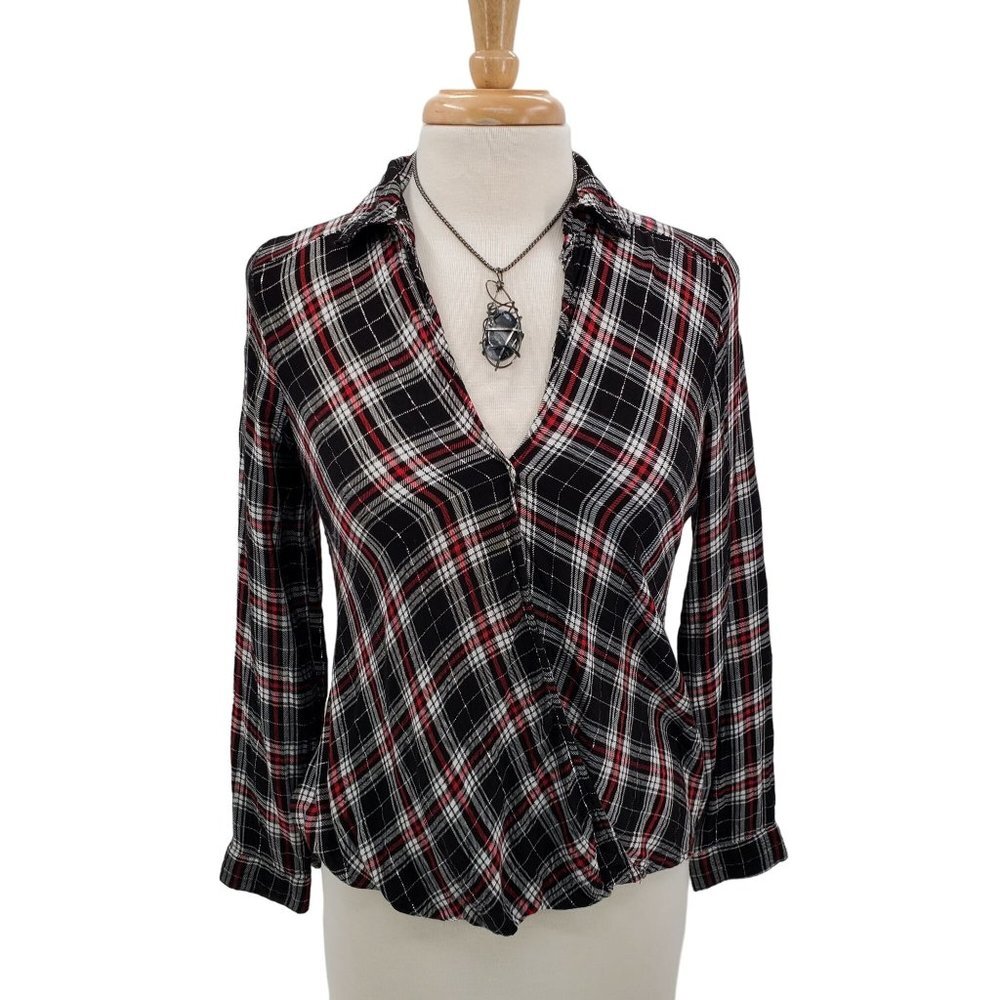 Rock & Republic Womens Plaid Wrap Top Blouse Size S V-Neck Long Sleeve High-Low